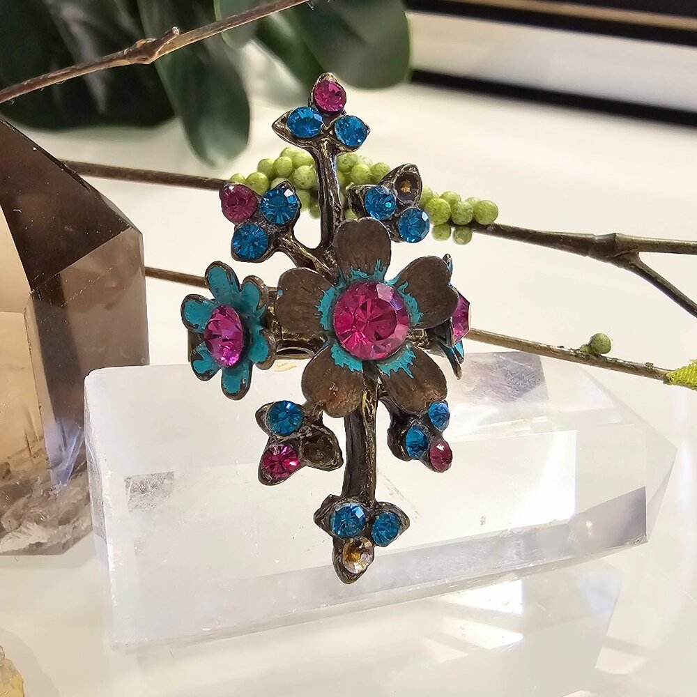 Vintage Michal Negrin Swarovski Teal Floral RIng
